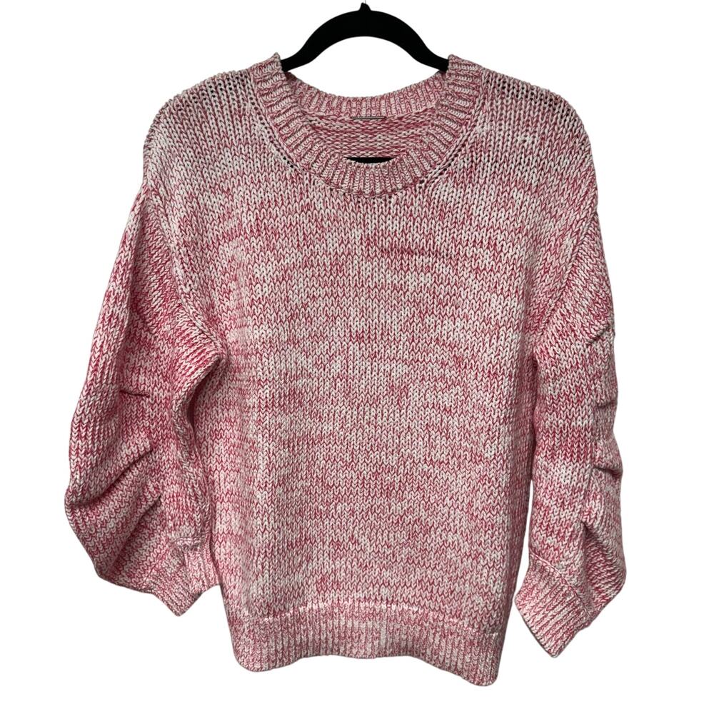 Elie Tahari Womens Puff Sleeve Pink Red White Knit Heavy Pullover Sweater Small